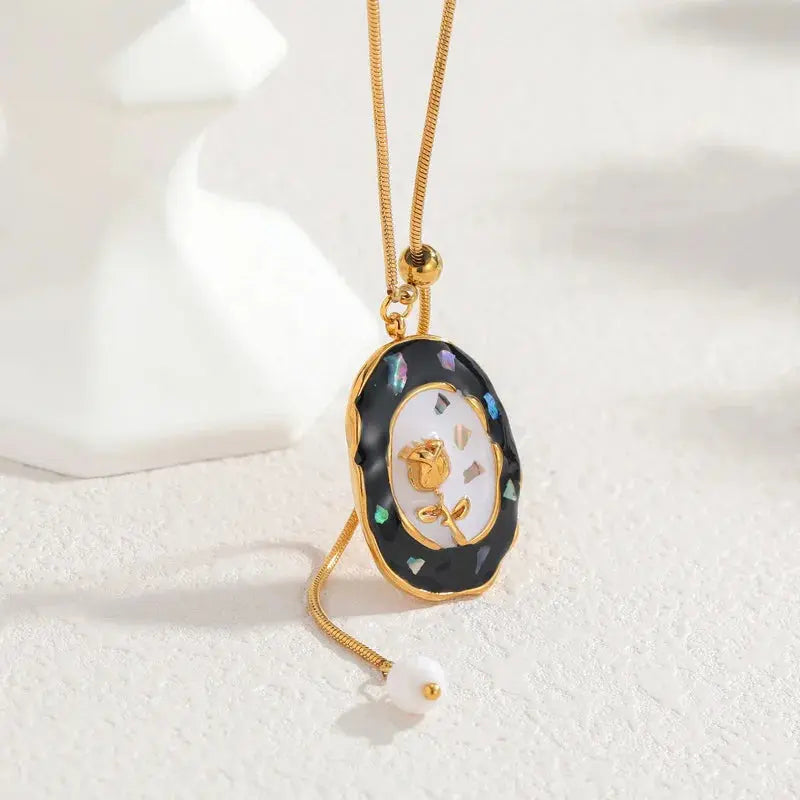 Lustrevia Gold Oval Enamel Flower Necklace & Earrings Set