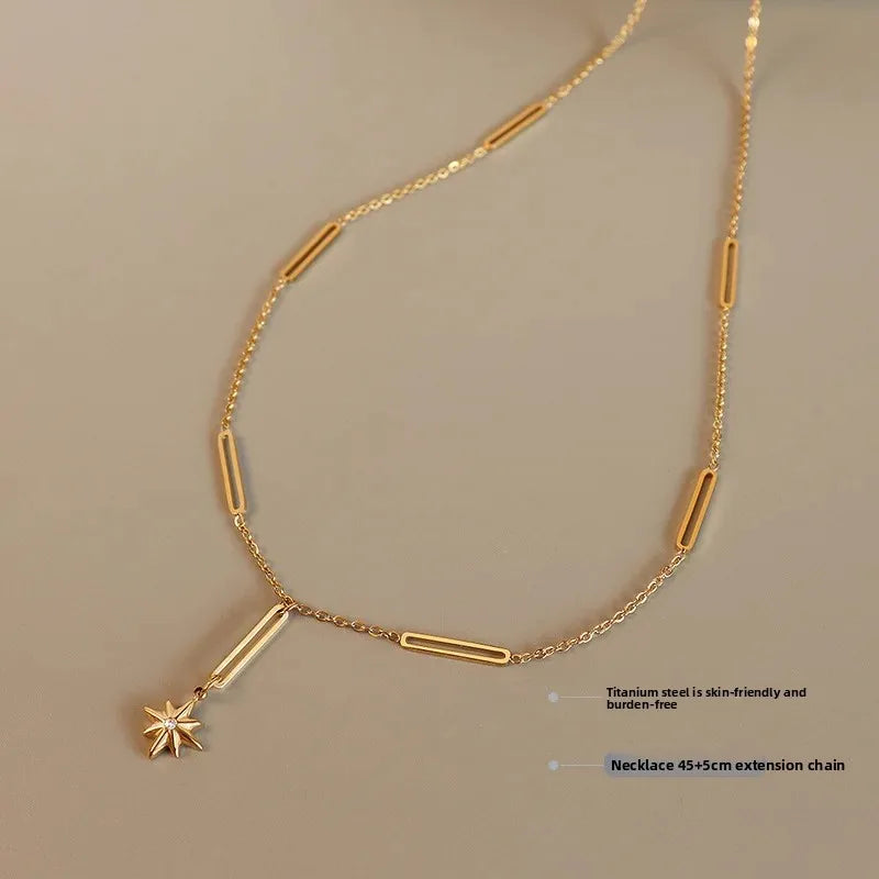 Lustrevia 18K Titanium Steel Necklace Versatile Long Bar Cross-Border