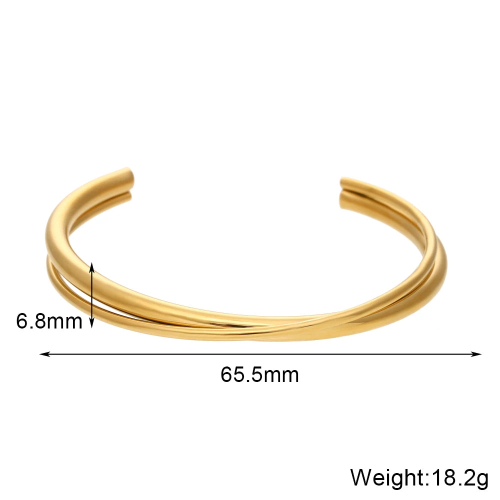Lustrevia 18K Gold Plated 2 Tones Cross Double Line Cuff Bangles Bracelets