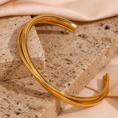 Lustrevia 18K Gold Plated 2 Tones Cross Double Line Cuff Bangles Bracelets