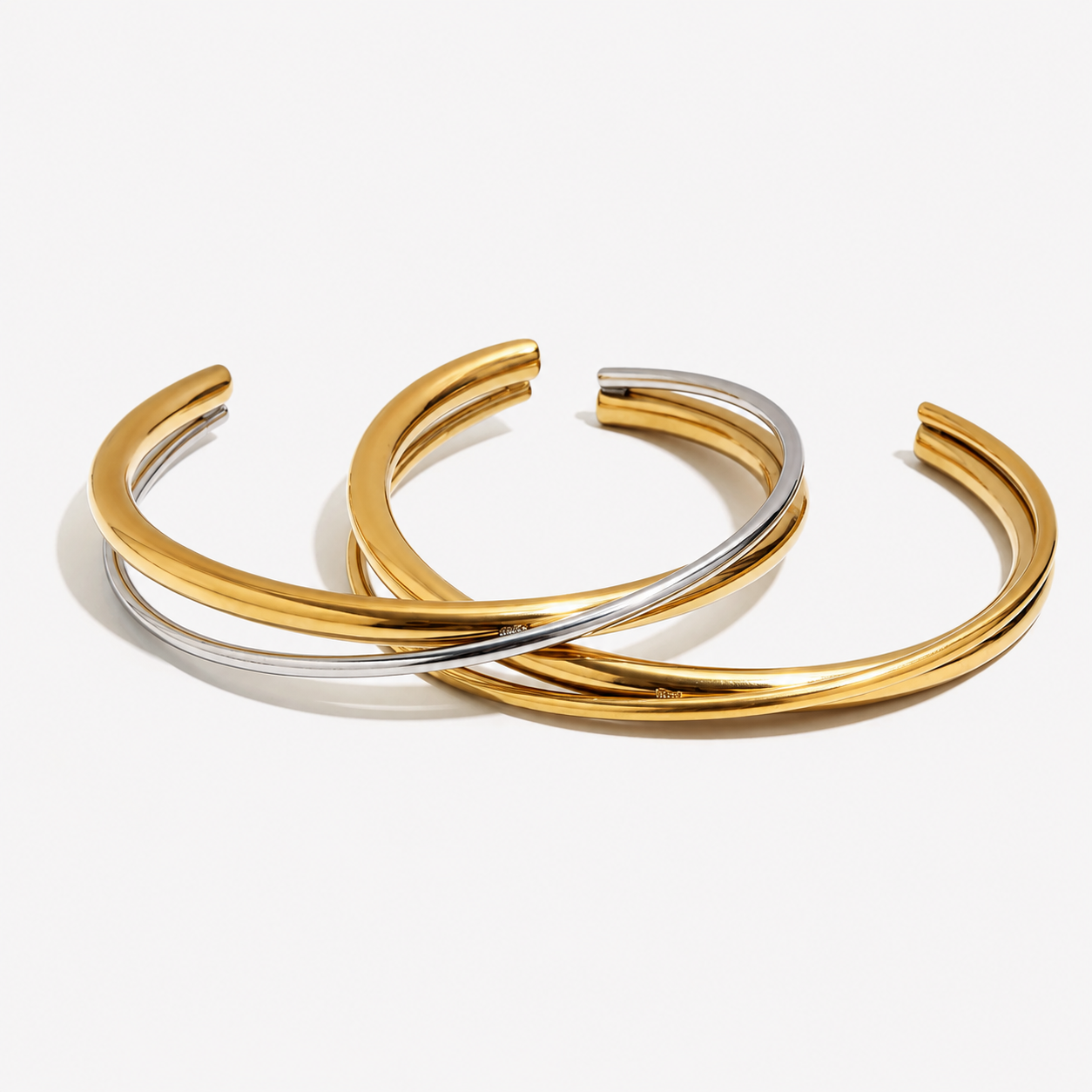 Lustrevia 18K Gold Plated 2 Tones Cross Double Line Cuff Bangles Bracelets