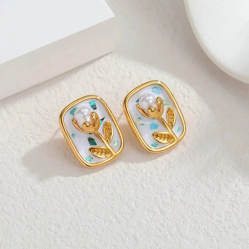 Lustrevia Gold Oval Enamel Flower Necklace & Earrings Set