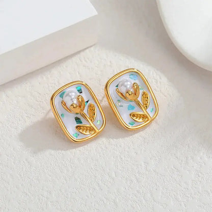 Lustrevia Gold Oval Enamel Flower Necklace & Earrings Set