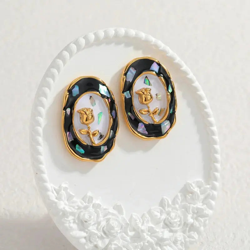 Lustrevia Gold Oval Enamel Flower Necklace & Earrings Set
