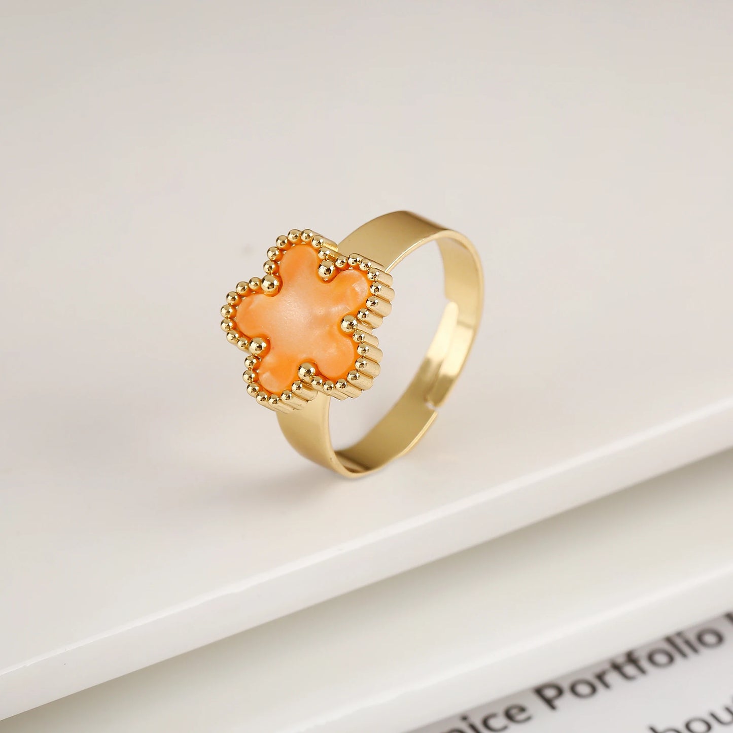 Lustrevia Classic Luxury Clover Metal Laser Stainless Steel Five Leaf Flower Open Ring