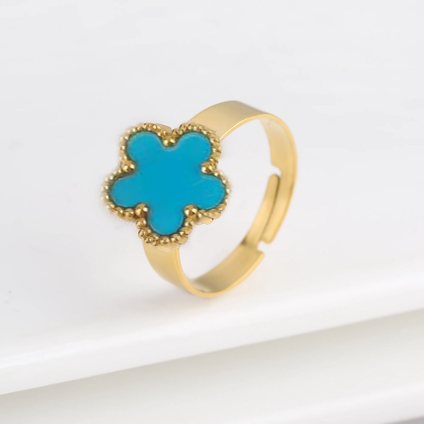 Lustrevia Classic Luxury Clover Metal Laser Stainless Steel Five Leaf Flower Open Ring