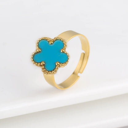 Lustrevia Classic Luxury Clover Metal Laser Stainless Steel Five Leaf Flower Open Ring