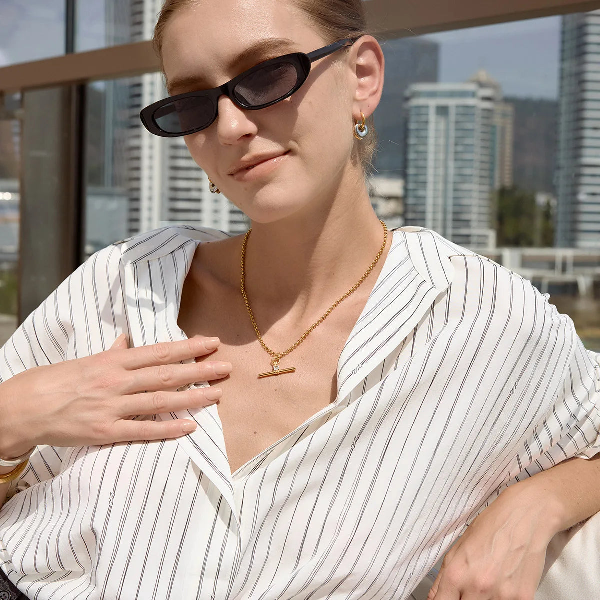 Lustrevia 18K Gold Plated T-Bar Zircon Pendant Necklace
