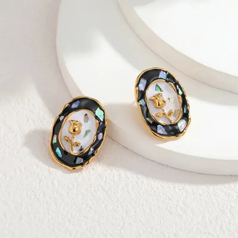 Lustrevia Gold Oval Enamel Flower Necklace & Earrings Set