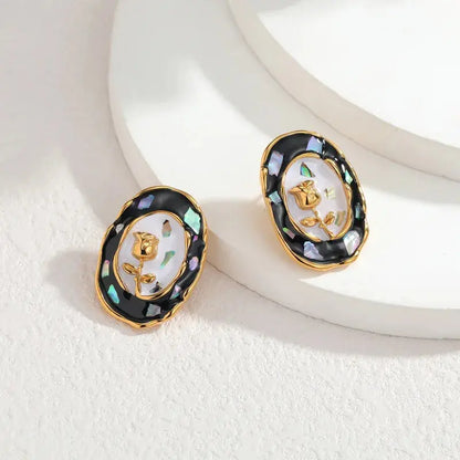 Lustrevia Gold Oval Enamel Flower Necklace & Earrings Set