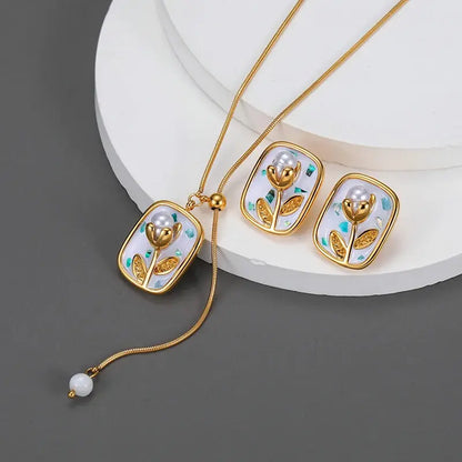 Lustrevia Gold Oval Enamel Flower Necklace & Earrings Set
