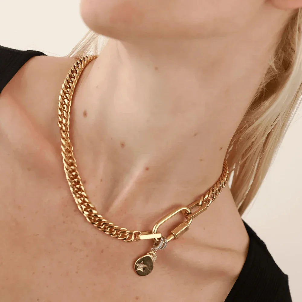 Lustrevia 18K Gold Plated Stainless Steel Two Tone Chunky Charm Necklace