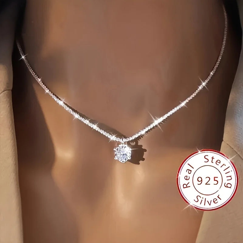 Lustrevia 925 Sterling Silver Sparkling Zircon Pendant Necklace
