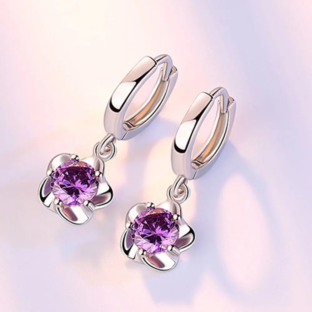 Lustrevia 925 Sterling Silver Zircon Retro Purple & White Hoop Earrings
