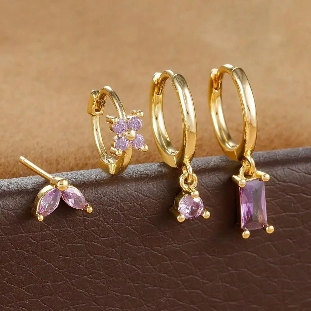 Lustrevia 18K Gold Plated CZ Flower Hoop Earrings Set