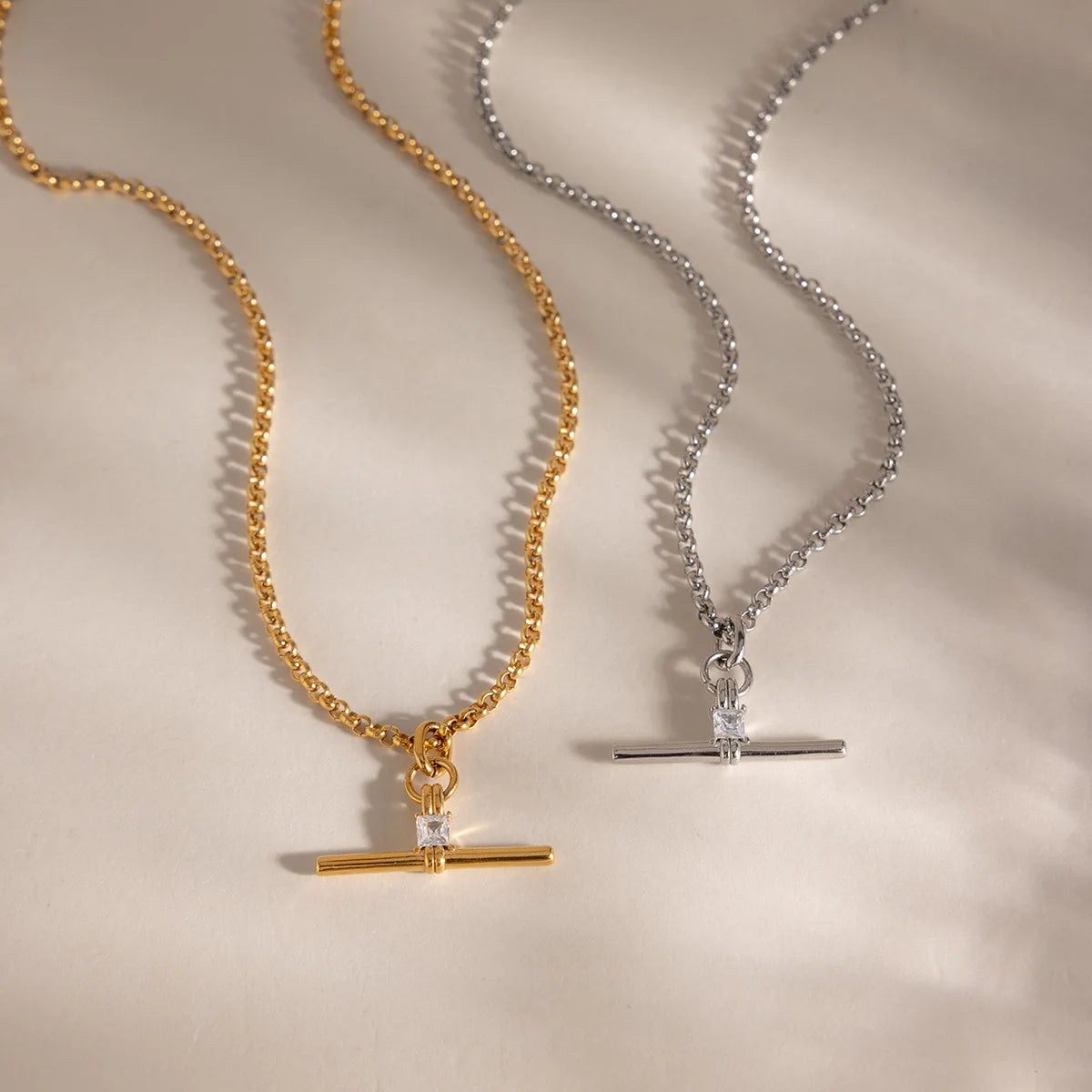 Lustrevia 18K Gold Plated T-Bar Zircon Pendant Necklace