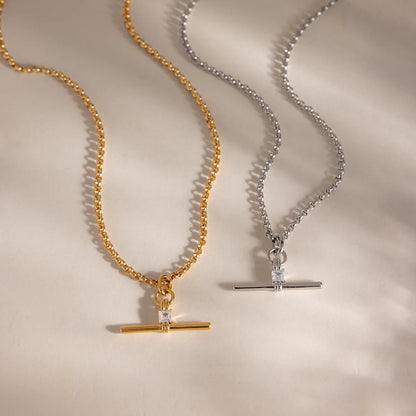 Lustrevia 18K Gold Plated T-Bar Zircon Pendant Necklace