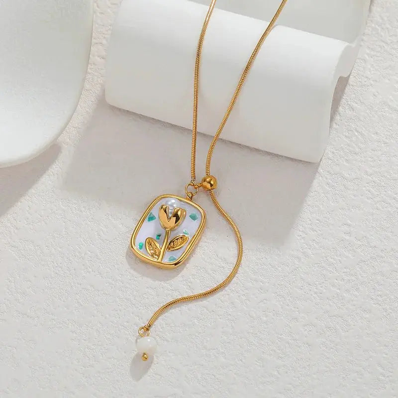 Lustrevia Gold Oval Enamel Flower Necklace & Earrings Set