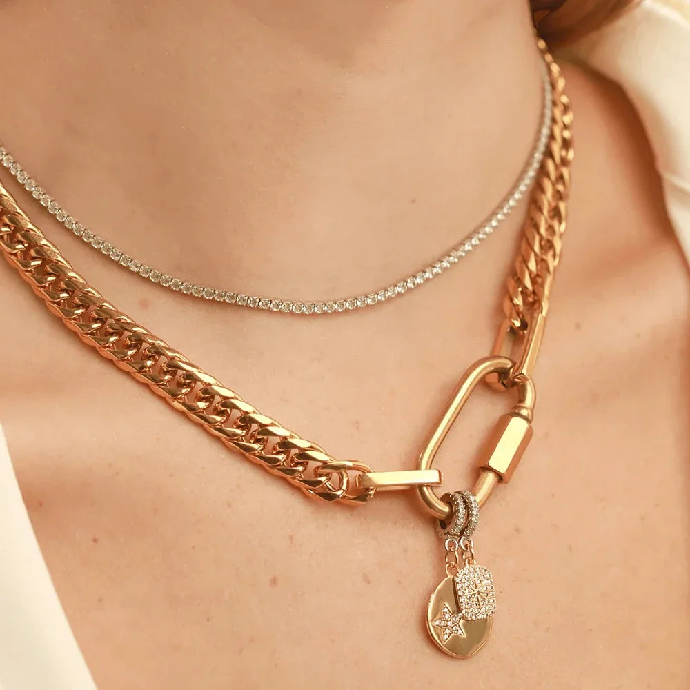 Lustrevia 18K Gold Plated Stainless Steel Two Tone Chunky Charm Necklace