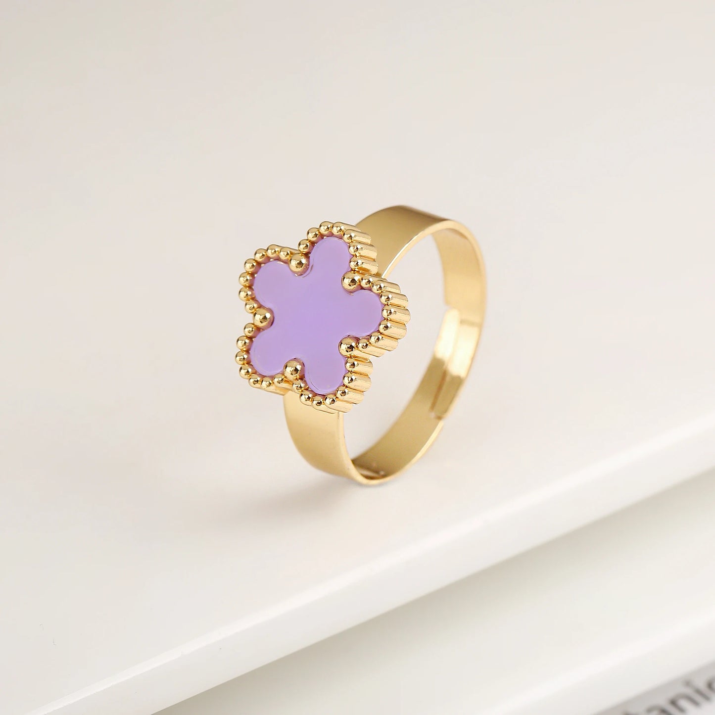Lustrevia Classic Luxury Clover Metal Laser Stainless Steel Five Leaf Flower Open Ring