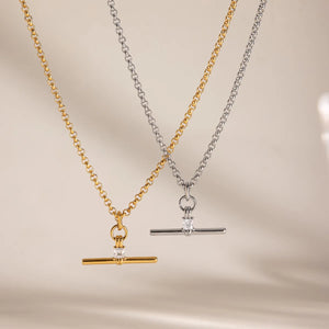 Lustrevia 18K Gold Plated T-Bar Zircon Pendant Necklace