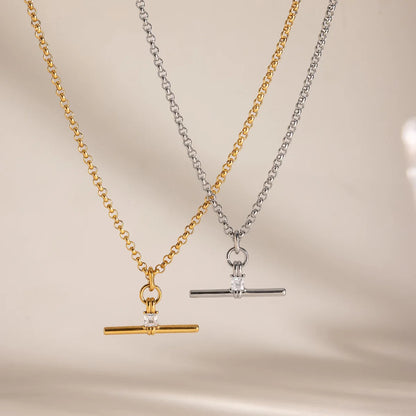 Lustrevia 18K Gold Plated T-Bar Zircon Pendant Necklace