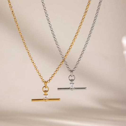 Lustrevia 18K Gold Plated T-Bar Zircon Pendant Necklace