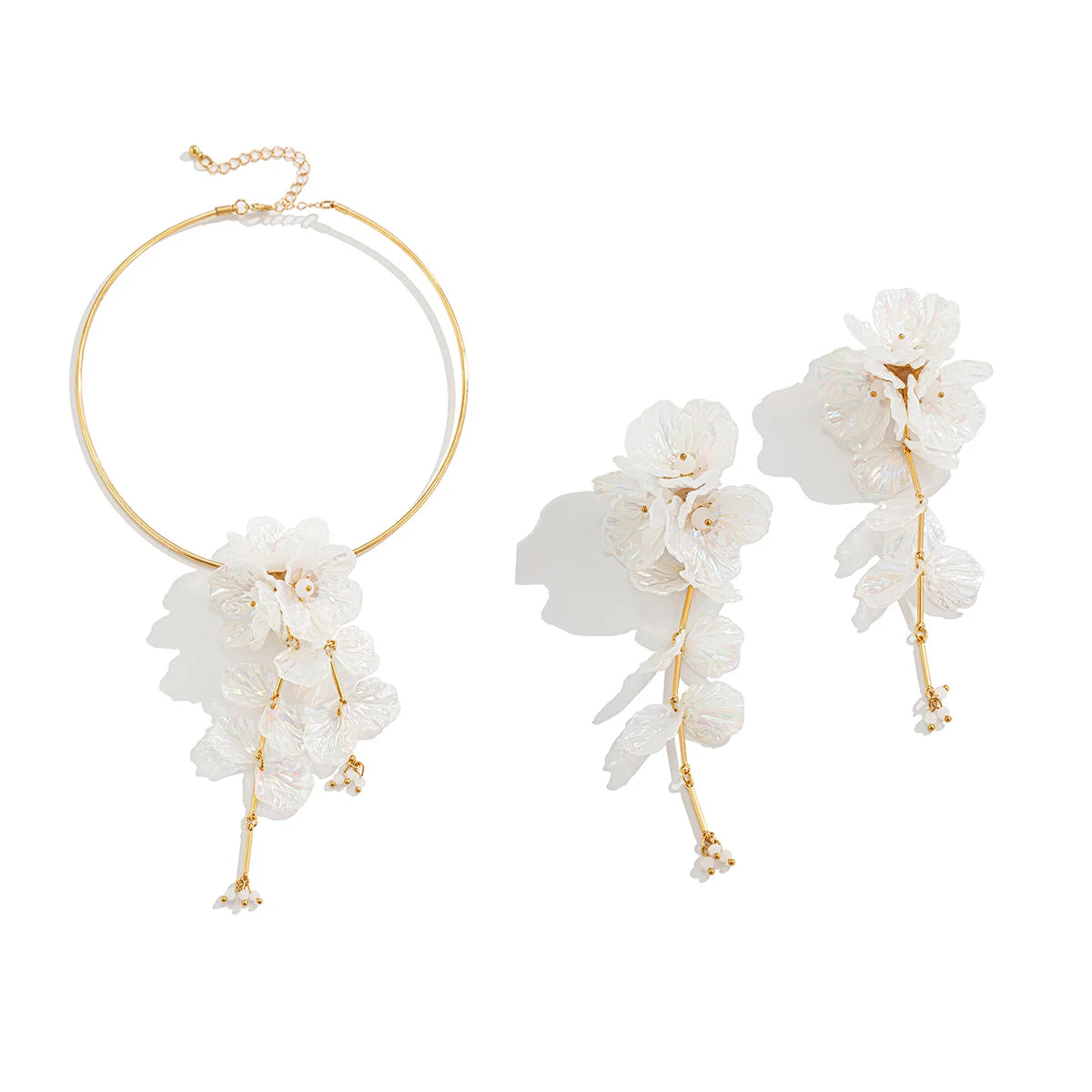 Lustrevia White Flower Torque Necklace & Drop Earrings Set