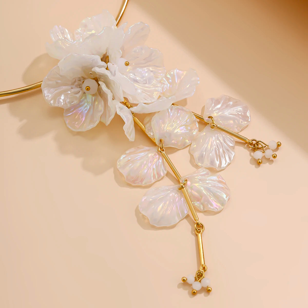 Lustrevia White Flower Torque Necklace & Drop Earrings Set