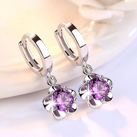 Lustrevia 925 Sterling Silver Zircon Retro Purple & White Hoop Earrings