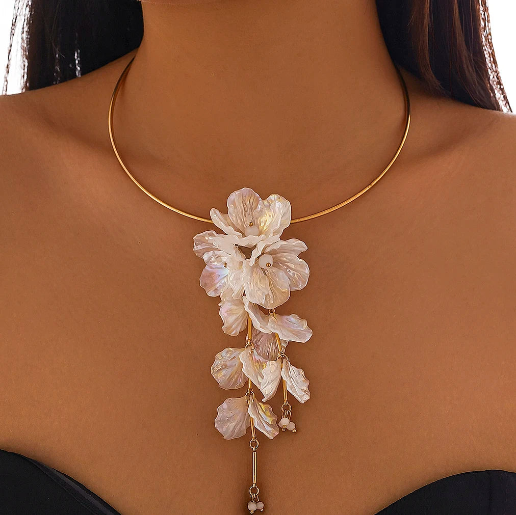 Lustrevia White Flower Torque Necklace & Drop Earrings Set