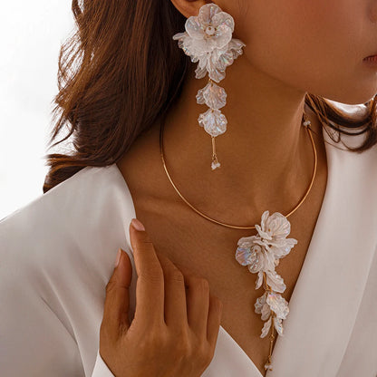 Lustrevia White Flower Torque Necklace & Drop Earrings Set
