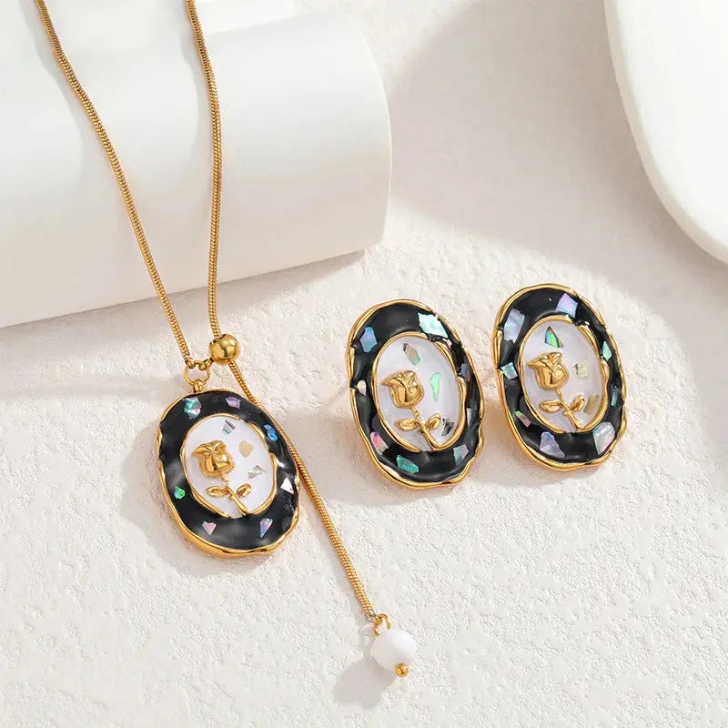 Lustrevia Gold Oval Enamel Flower Necklace & Earrings Set