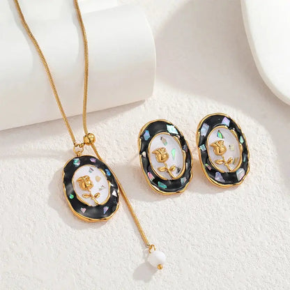 Lustrevia Gold Oval Enamel Flower Necklace & Earrings Set