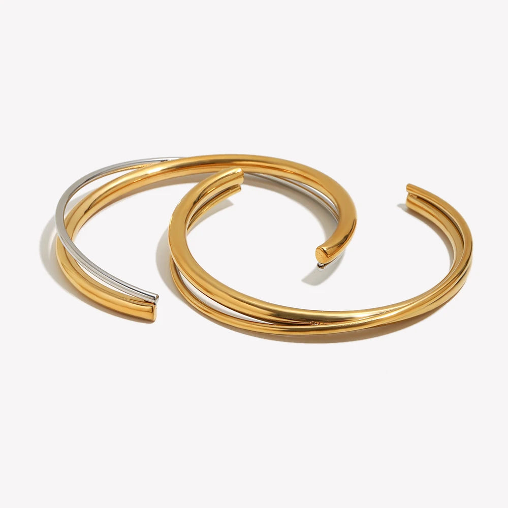 Lustrevia 18K Gold Plated 2 Tones Cross Double Line Cuff Bangles Bracelets