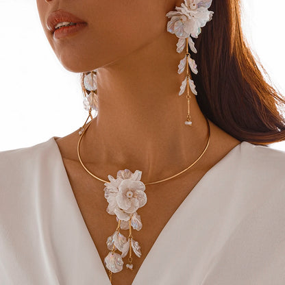 Lustrevia White Flower Torque Necklace & Drop Earrings Set