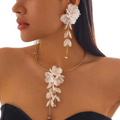 Lustrevia White Flower Torque Necklace & Drop Earrings Set