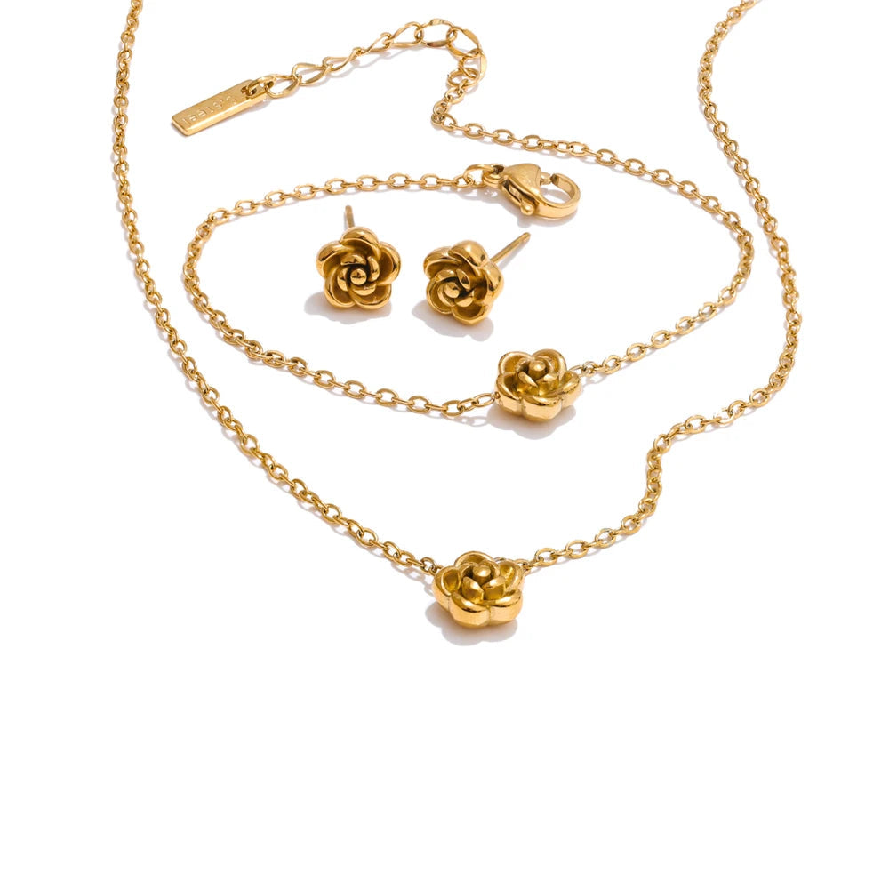 Lustrevia PVD Gold & Platinum Rose Flower Necklace, Bracelet & Earrings Set