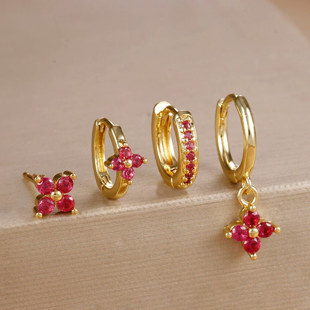 Lustrevia 18K Gold Plated CZ Flower Hoop Earrings Set