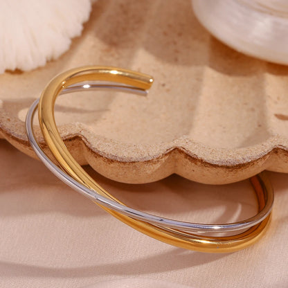 Lustrevia 18K Gold Plated 2 Tones Cross Double Line Cuff Bangles Bracelets