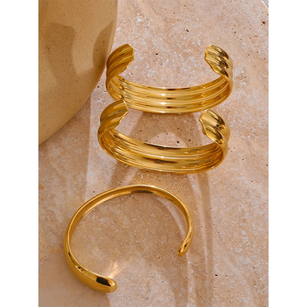 Lustrevia 18K Gold PVD Stainless Steel Layered Cuff Bracelet