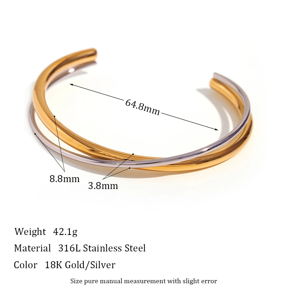 Lustrevia 18K Gold Plated 2 Tones Cross Double Line Cuff Bangles Bracelets