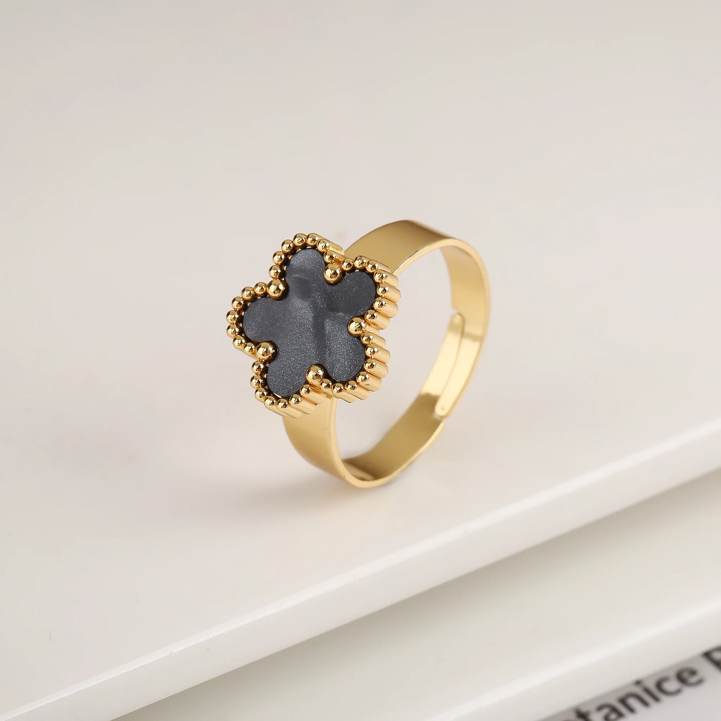 Lustrevia Classic Luxury Clover Metal Laser Stainless Steel Five Leaf Flower Open Ring