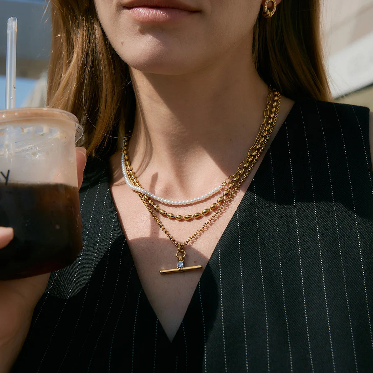 Lustrevia 18K Gold Plated T-Bar Zircon Pendant Necklace