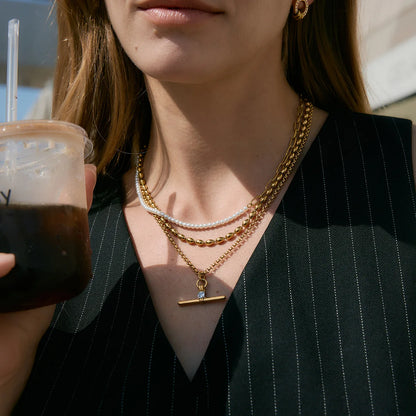 Lustrevia 18K Gold Plated T-Bar Zircon Pendant Necklace