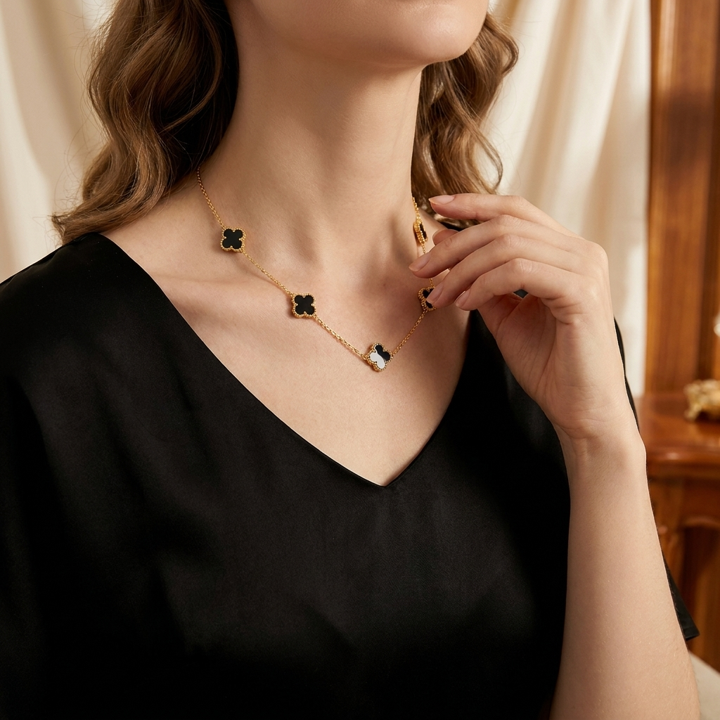 Lustrevia 14K Gold Plated Necklace Five Leaf Petals Double Sided