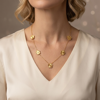 Lustrevia 14K Gold Plated Necklace Five Leaf Petals Double Sided